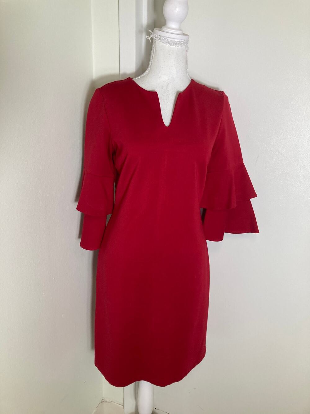 J. McLaughlin True Red 3/4 Layered Sleeve Knee Length Dress Sz XS